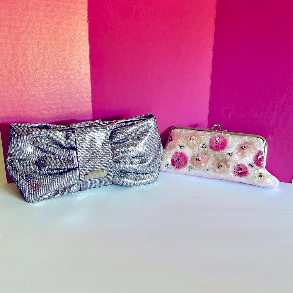 Victoria’s Secret Clutch Silver Sparkly Purse Evening Bag & floral sequin clutch